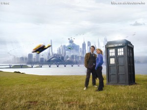 A promotional photo with Rose, The Doctor, and the Tardis on New Earth