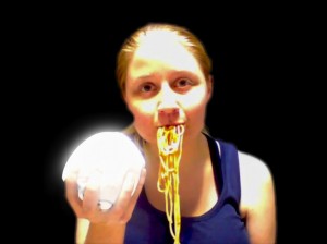 Colleen as an Ood with spaghetti coming out of her mouth and a baseball in her hand