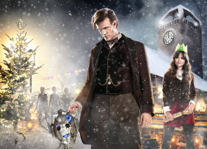 Promo photo of Matt Smith holding Handles with Clara and enemies in the background and snow